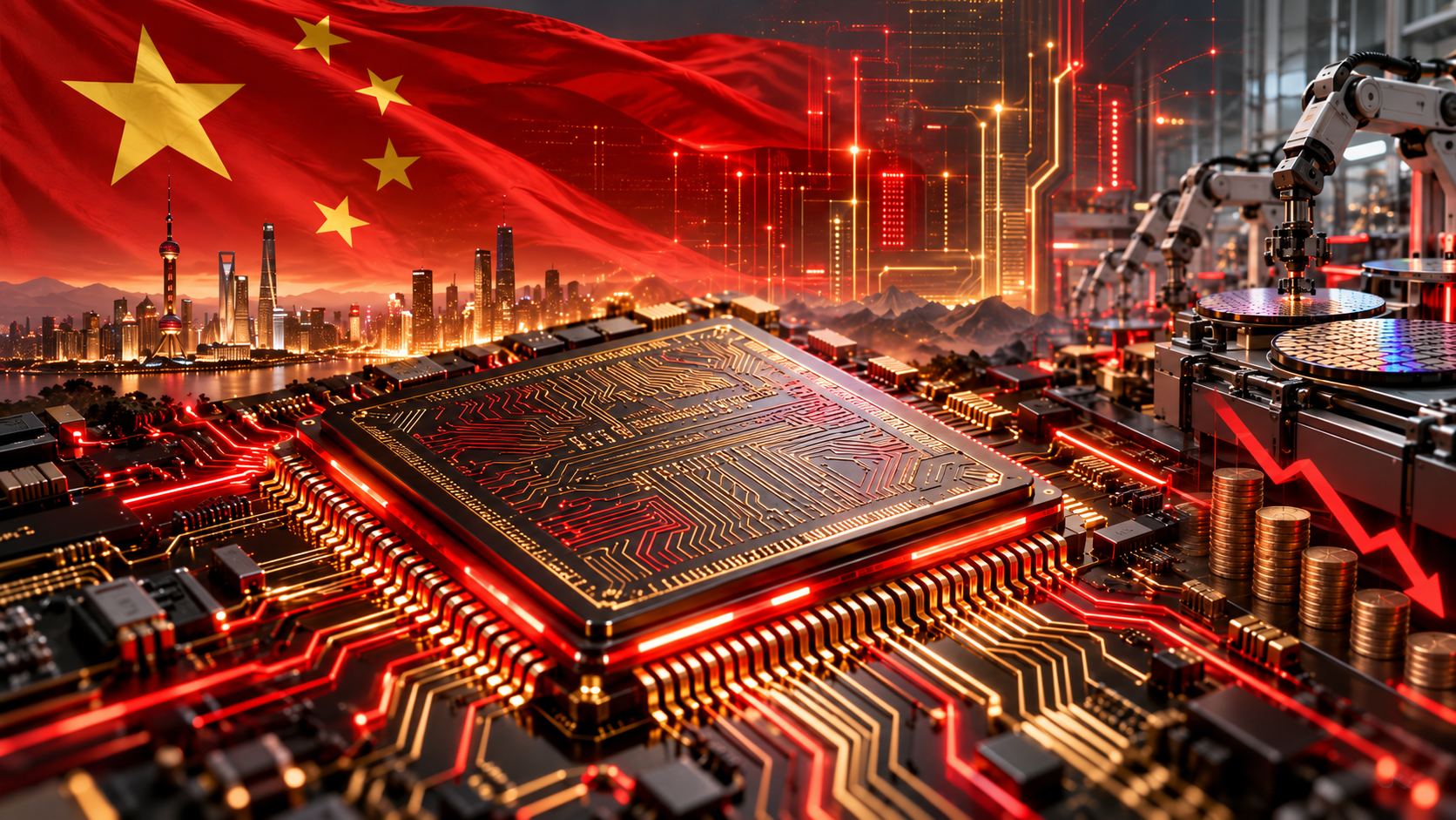 AI semiconductor chip with China’s flag, glowing circuitry, and robotic chip manufacturing, symbolizing China’s drive to lower AI costs and reduce foreign technology dependence.